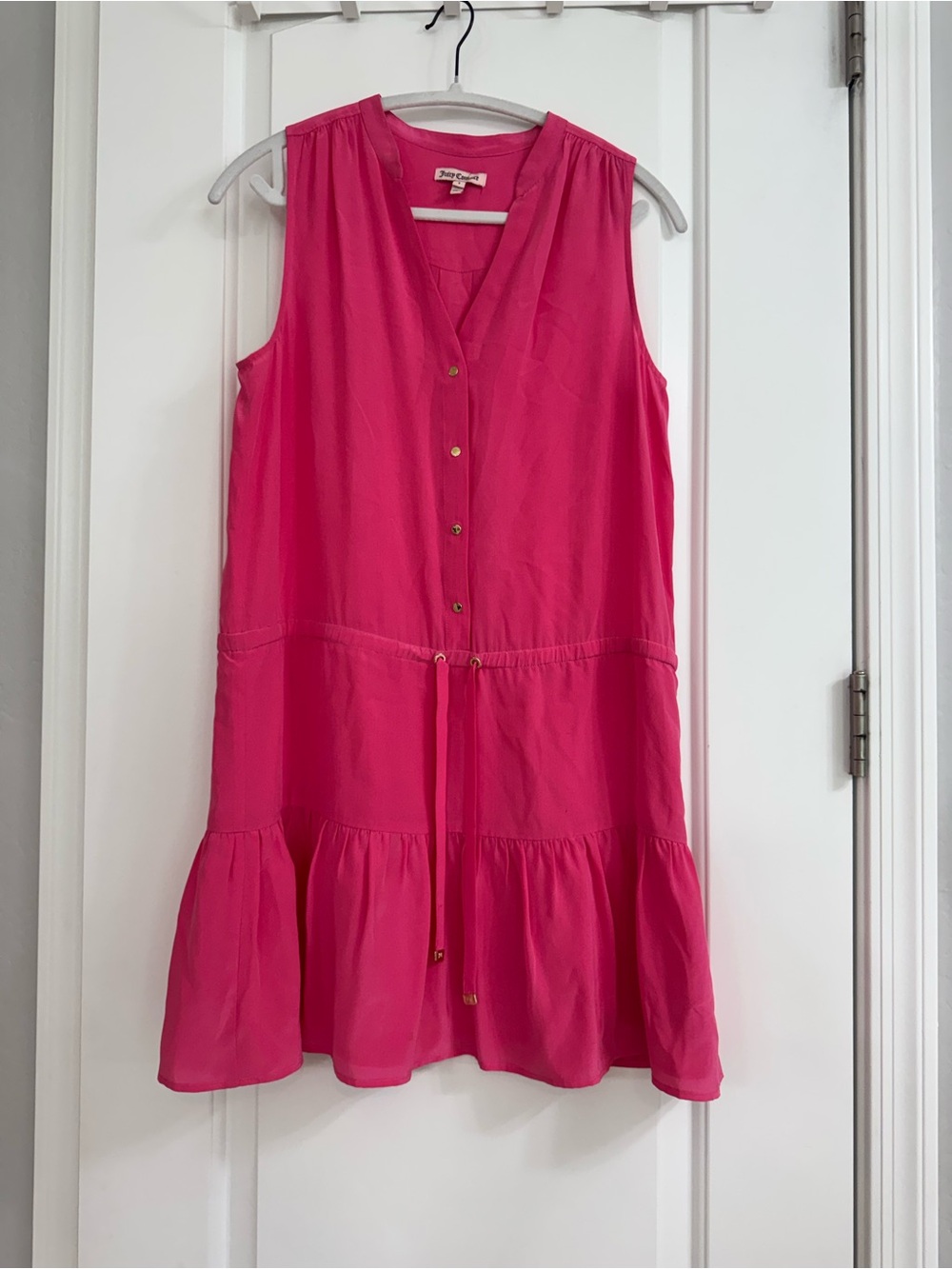 Juicy Couture Silk Hot Pink Sleeveless Button-Front Tiered Mini Dress